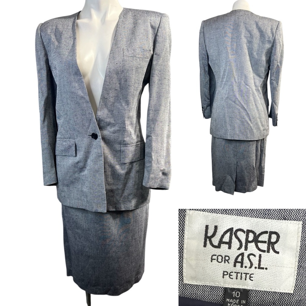 Kasper skirt suit set size 10p blue vintage knee length office church fall